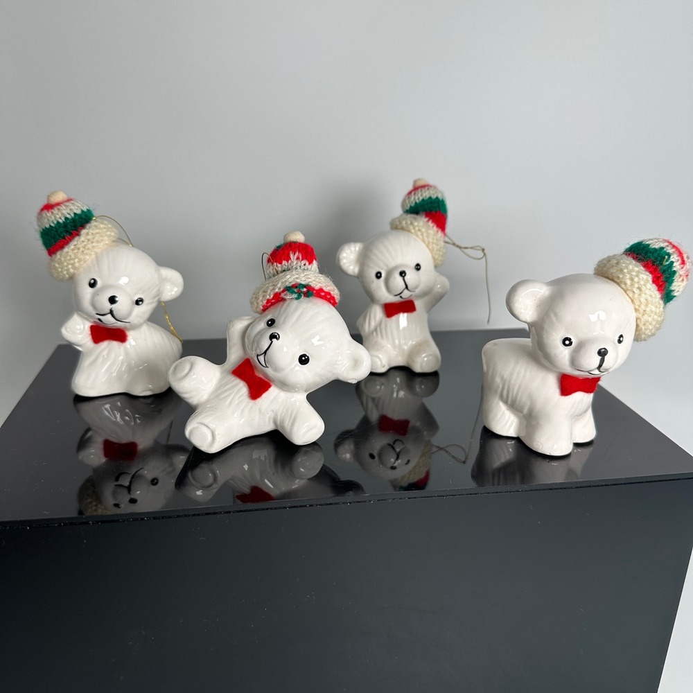 Vintage 80s Ceramic Snow Bear Ornaments Set 4 Christmas Around The World